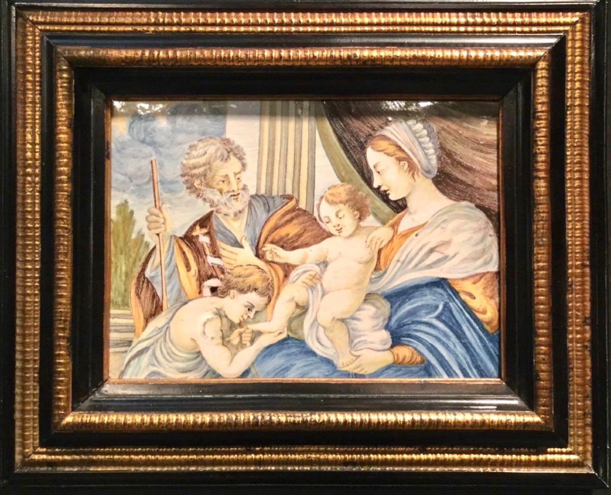 Majolica tile depicting the Holy Family.Giovanni Grue?(1698-1752).Castelli d'Abruzzo.