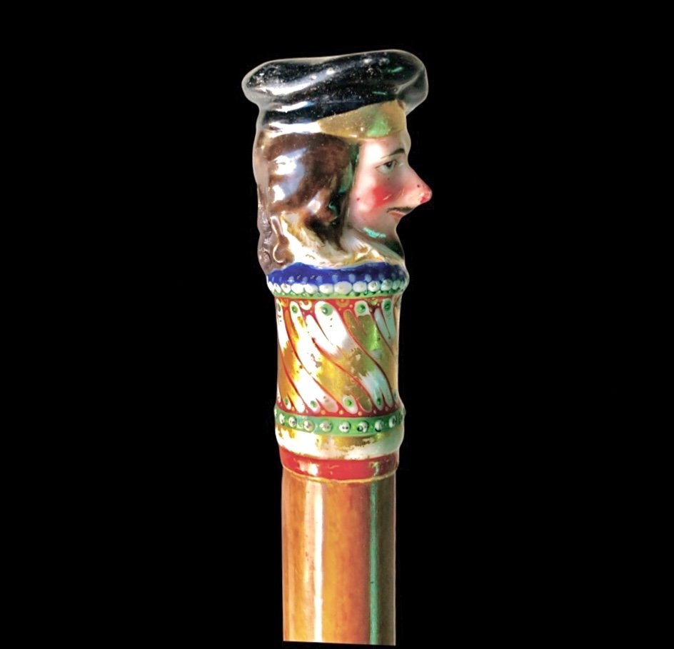 Bastone con pomolo in porcellana con figura maschile e canna in malacca.Nymphenburg,Germania,-photo-1