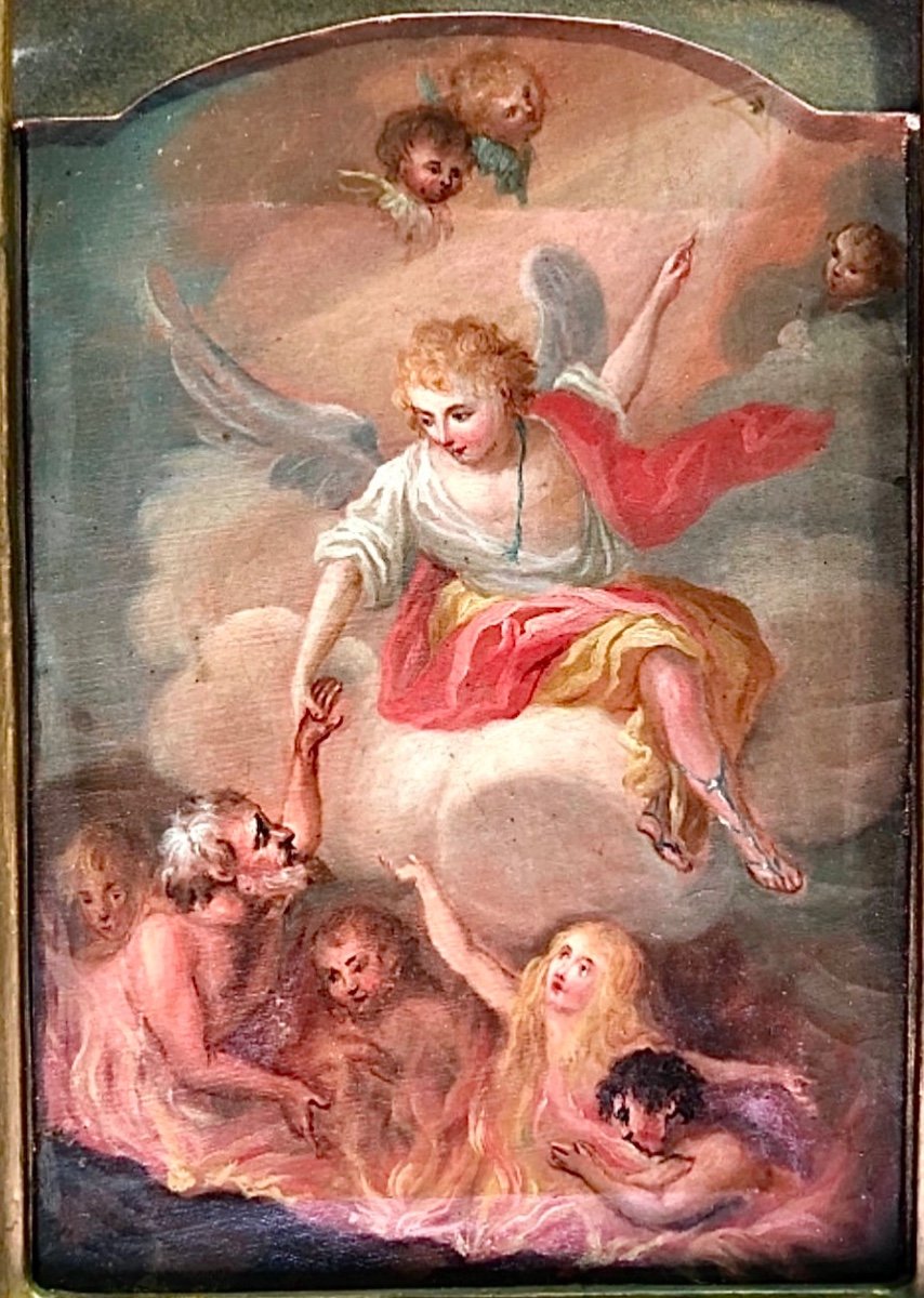 Dipinto olio su tela raffigurante Angelo che indica alle anime del Purgatorio -photo-2