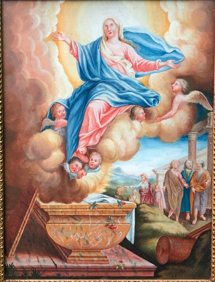 Coppia di dipinti a tempera raffiguranti Assunzione della Vergine e Gesu’che predica ai dottori-photo-2