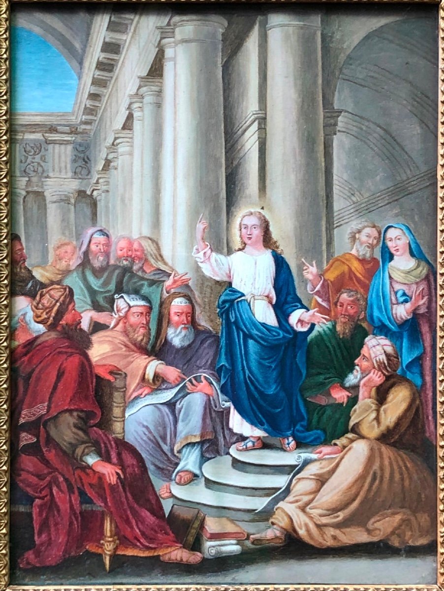 Coppia di dipinti a tempera raffiguranti Assunzione della Vergine e Gesu’che predica ai dottori-photo-3