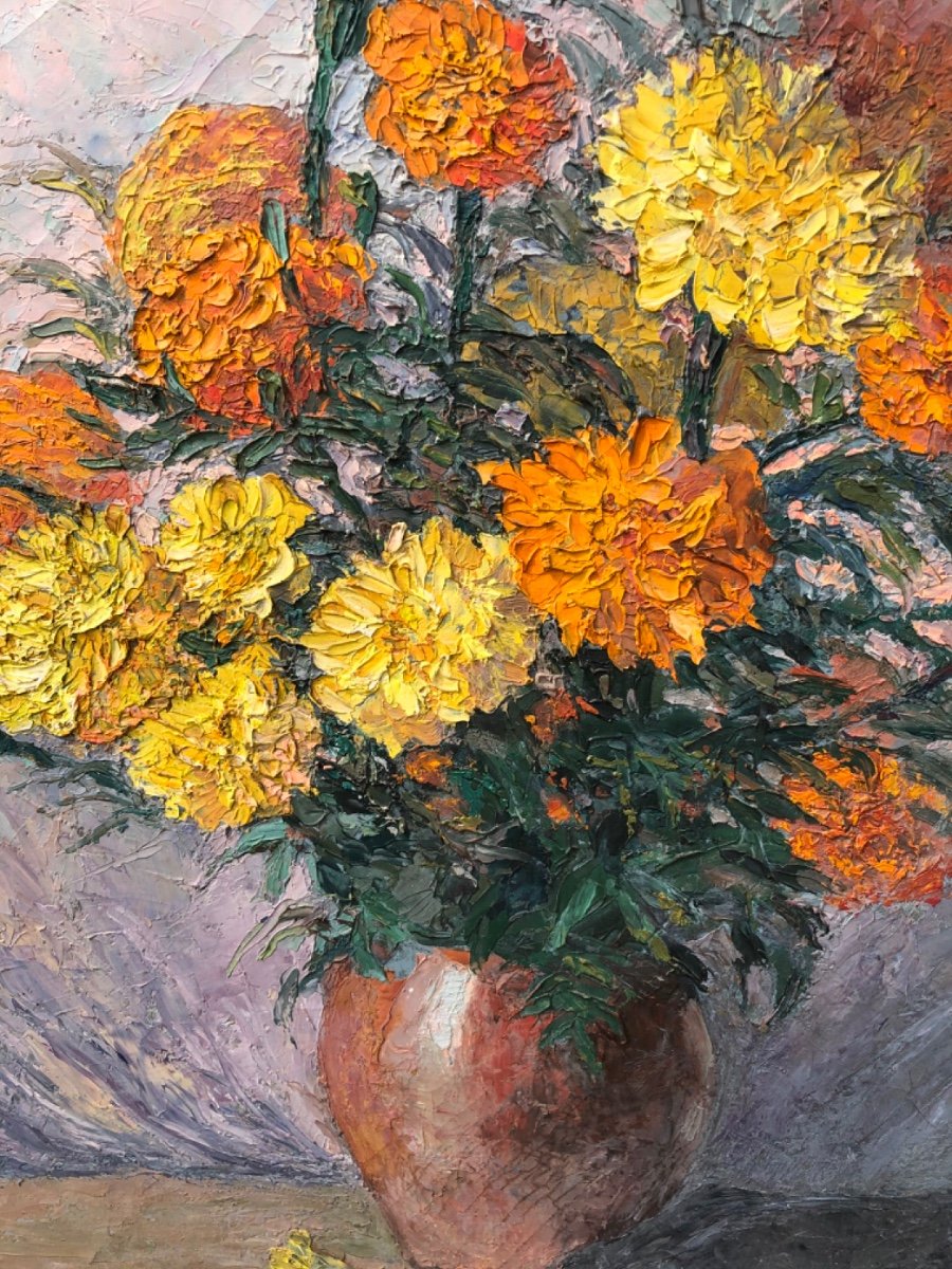 Dipinto olio su tela raffigurante natura morta con vaso di fiori.Firmato.Francia.-photo-3