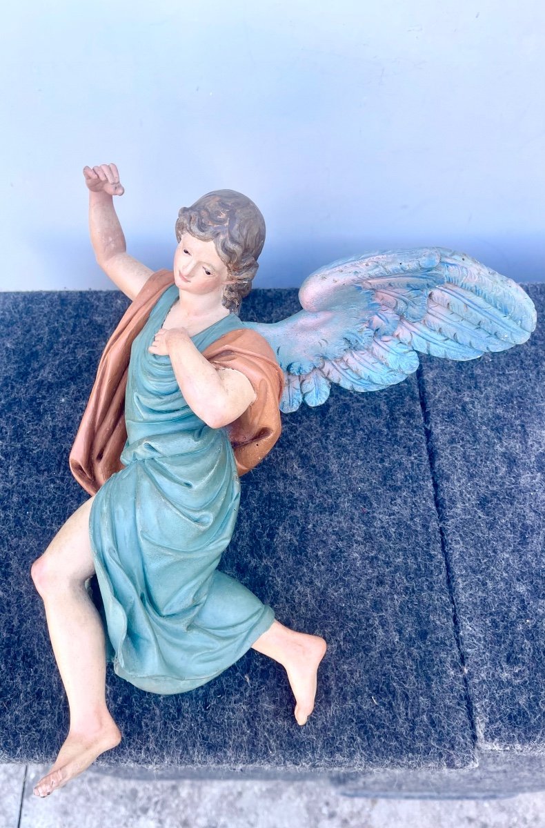 Coppia di angeli policromi a figura intera in legno scolpito e dipinto.Occhi in vetro.Liguria.-photo-4