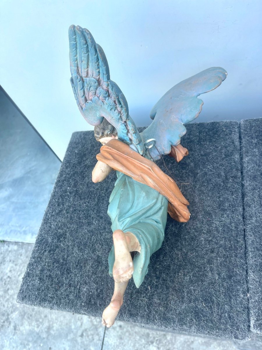 Coppia di angeli policromi a figura intera in legno scolpito e dipinto.Occhi in vetro.Liguria.-photo-2