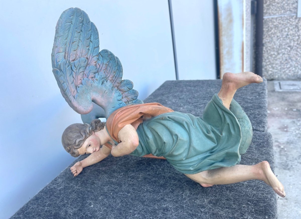 Coppia di angeli policromi a figura intera in legno scolpito e dipinto.Occhi in vetro.Liguria.-photo-7