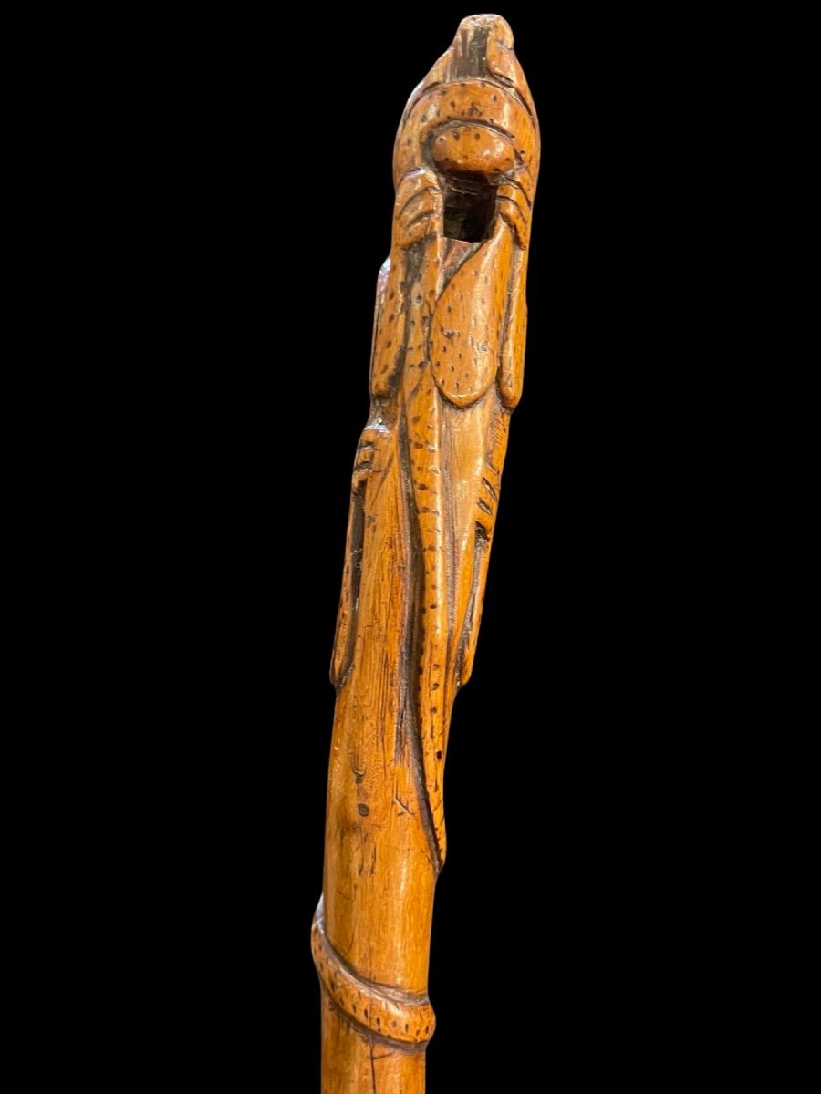Bastone popolare in pezzo unico di legno inciso con figura di giaguaro che attacca un serpente.-photo-3