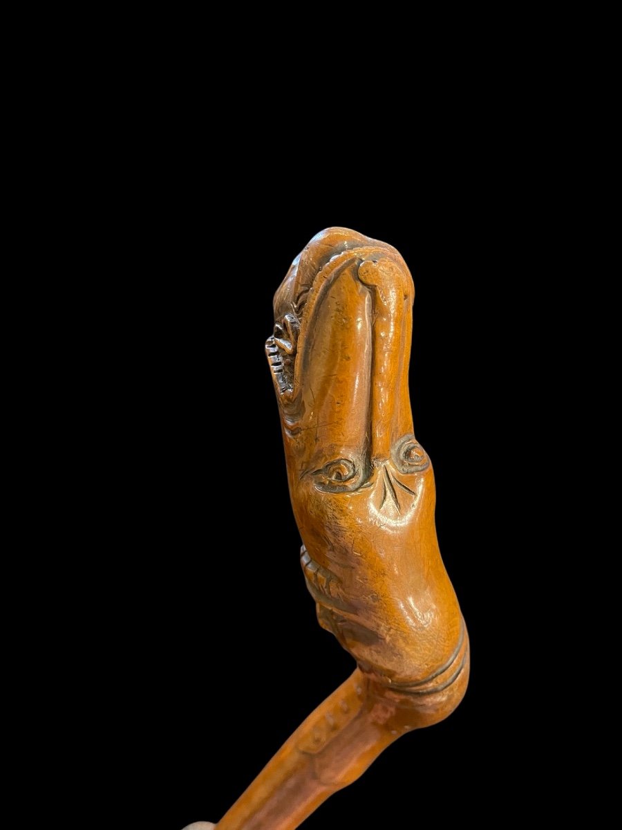 Bastone popolare in legno di bosso con due figure grottesche e serpente.-photo-5