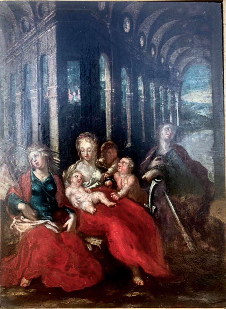 Dipinto olio su tavola Madonna con Bambino e personaggi con architetture.-photo-2