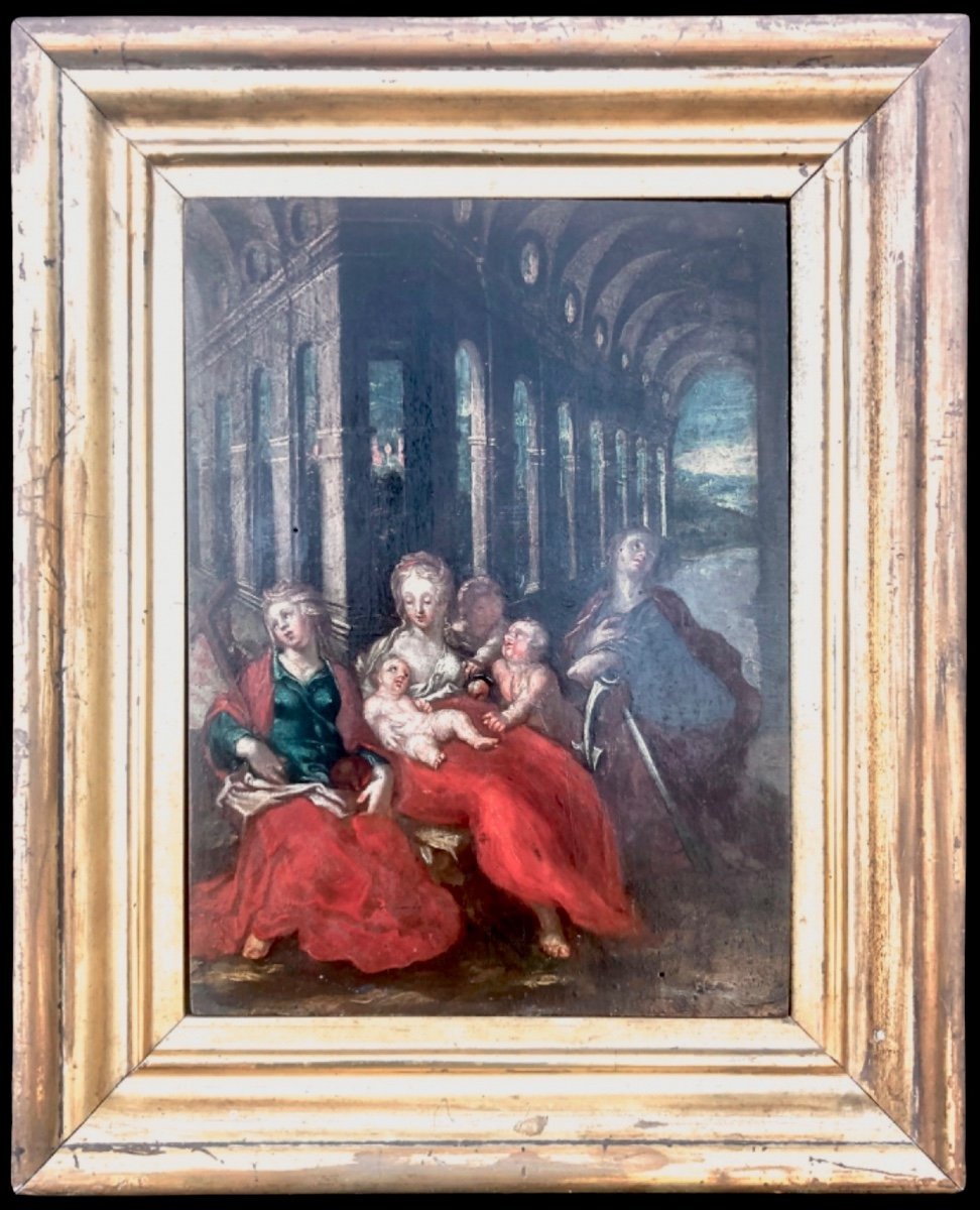 Dipinto olio su tavola Madonna con Bambino e personaggi con architetture.
