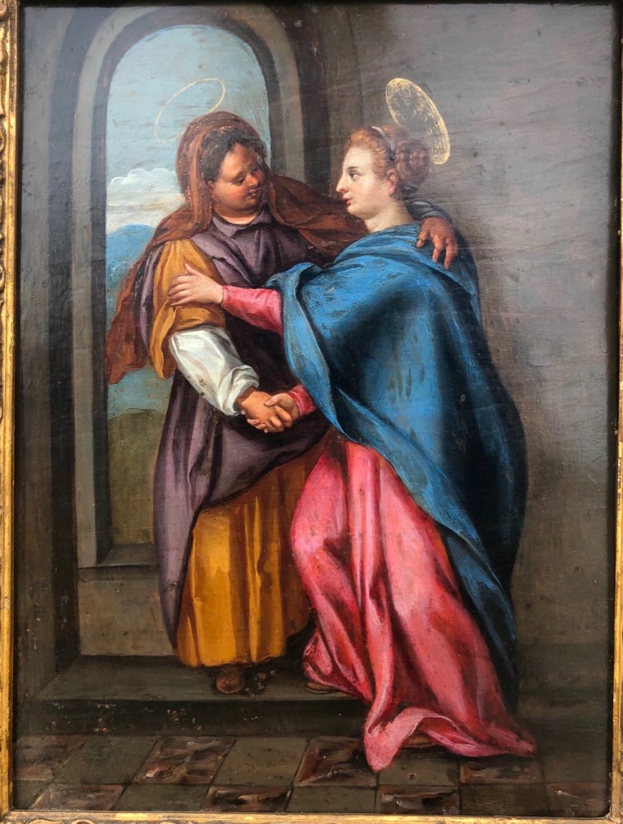 Dipinto olio su rame raffigurante la Vergine Maria che visita Santa Elisabetta -photo-2