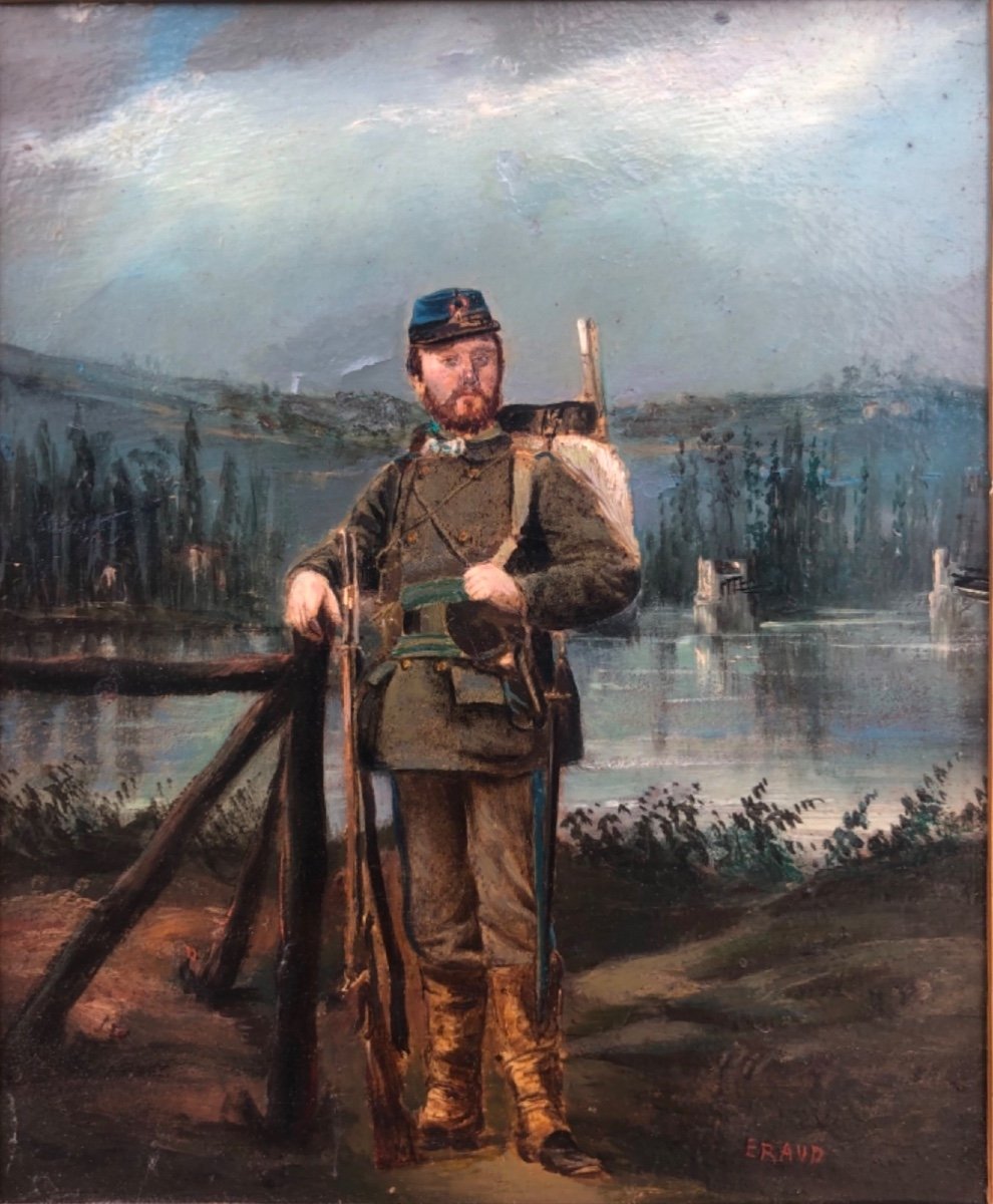 Dipinto olio su cartoncino con figura di soldato su sfondo agreste.Firma:Eraud.-photo-2