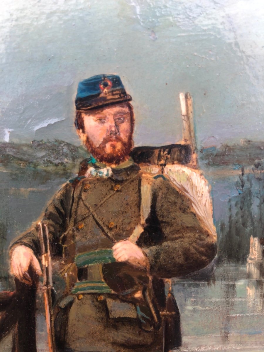 Dipinto olio su cartoncino con figura di soldato su sfondo agreste.Firma:Eraud.-photo-3