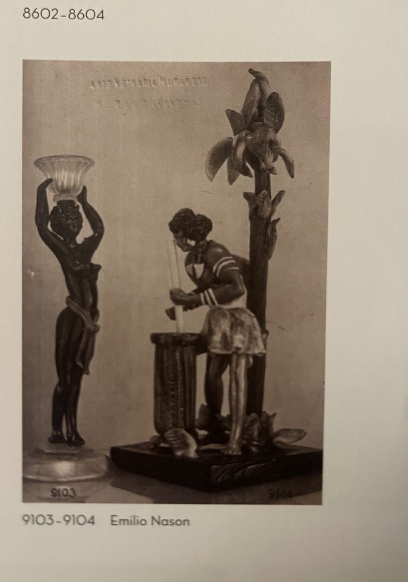 Candeliere in vetro soffiato con figura femminile neoclassica policroma e foglia oro-photo-4