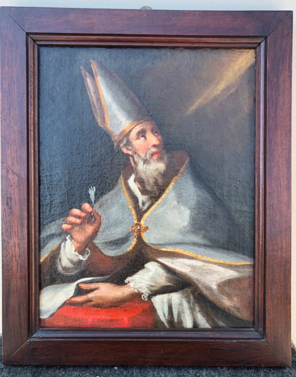 Dipinto olio su tela raffigurante vescovo con mitria e penna.