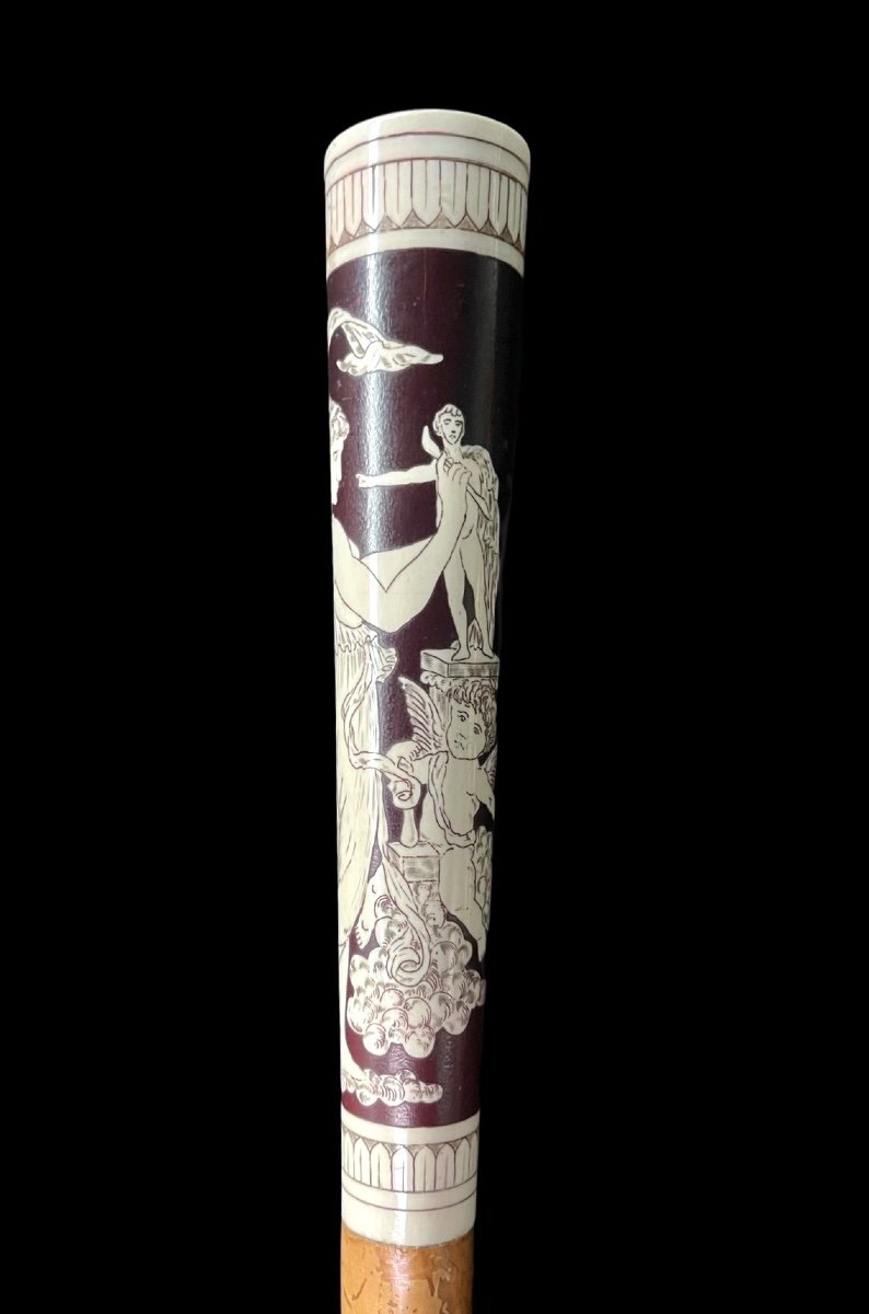 Bastone con pomolo lungo in avorio inciso e dipinto con scena neoclassica -photo-3