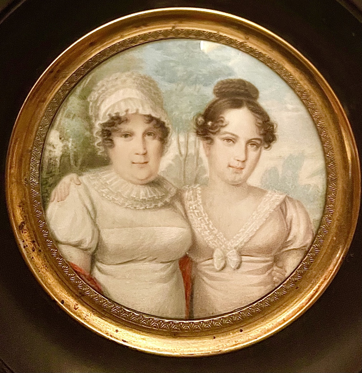 Miniatura a olio raffigurante coppia di figure femminili.