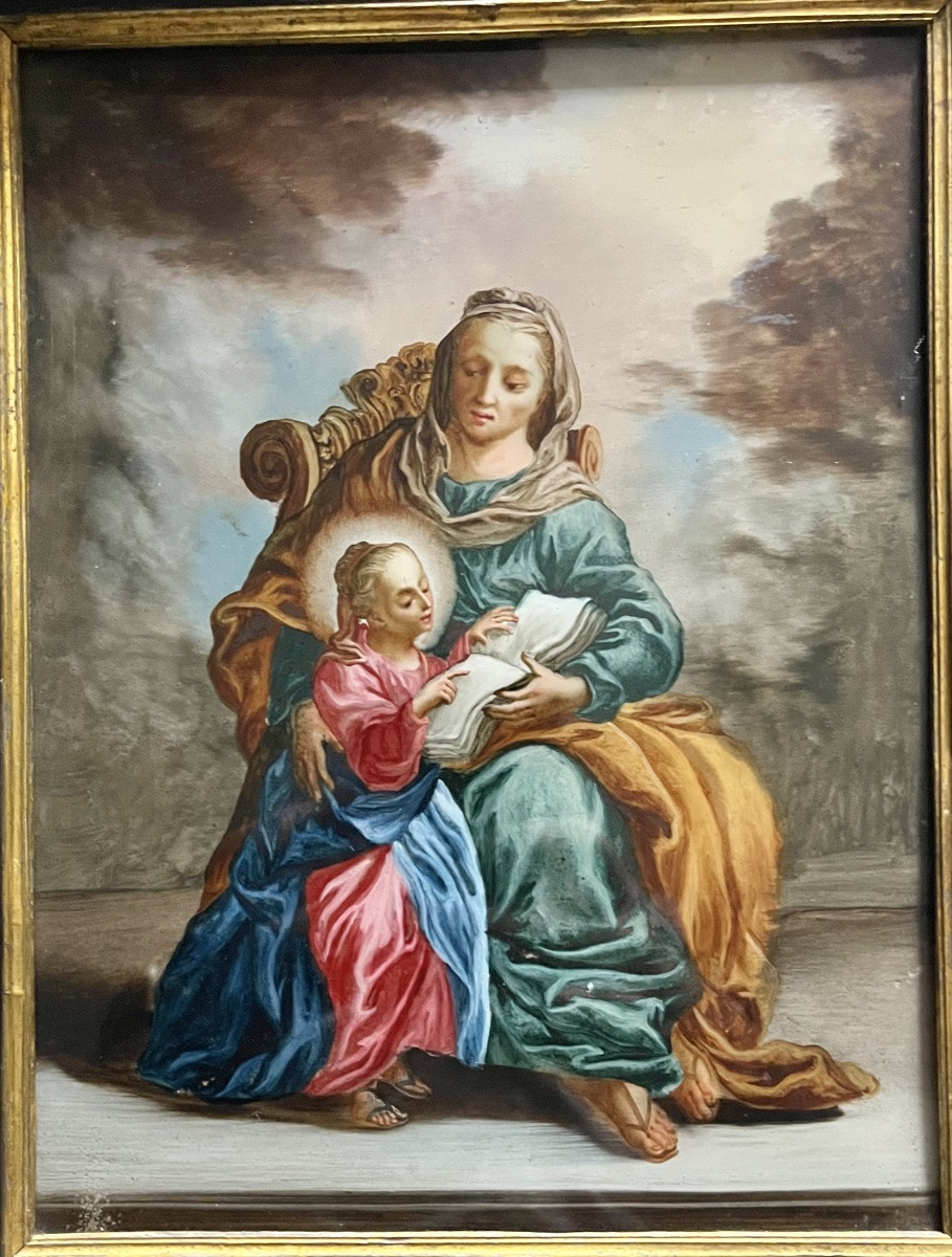 Dipinto su vetro raffigurante l’educazione di Maria con Sant’Anna.-photo-2
