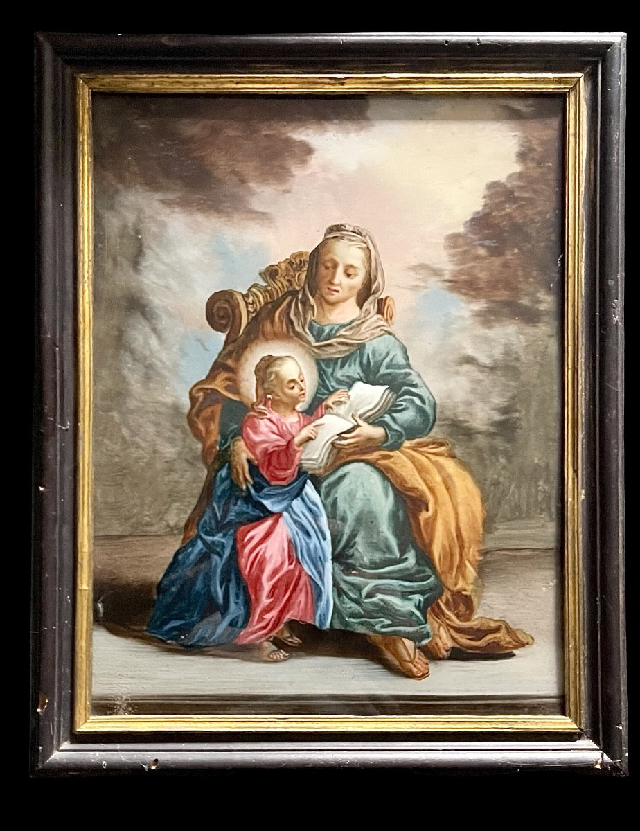 Dipinto su vetro raffigurante l’educazione di Maria con Sant’Anna.