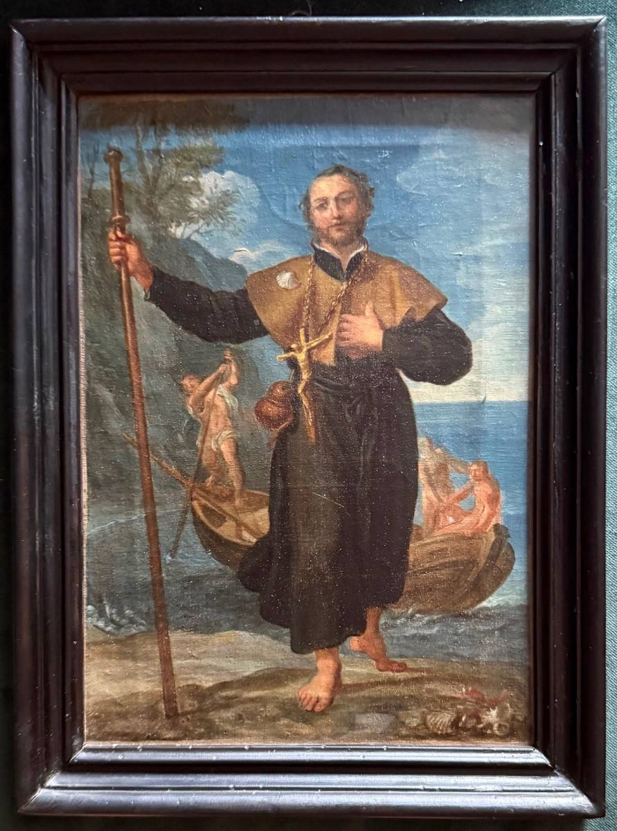 Dipinto olio su tela raffigurante San Rocco pellegrino.