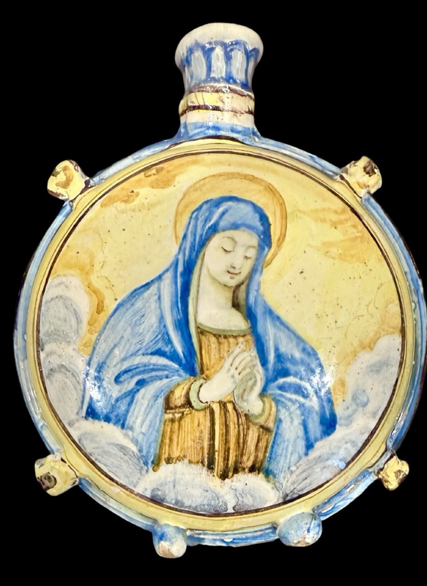Fiasca da pellegrino in maiolica con Sant’Antonio da Padova e Madonna. Castelli-photo-2