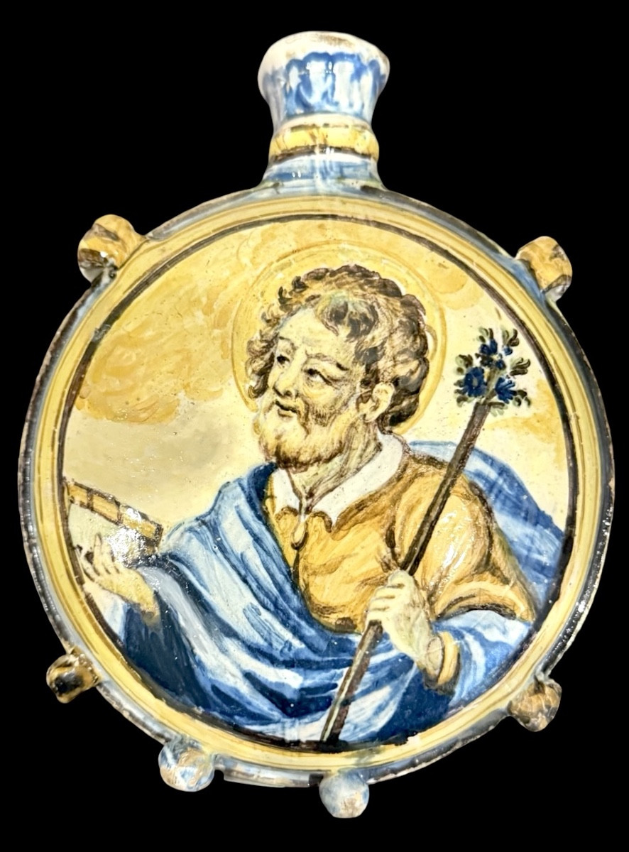 Fiasca da pellegrino in maiolica con Sant’Antonio da Padova e Madonna. Castelli