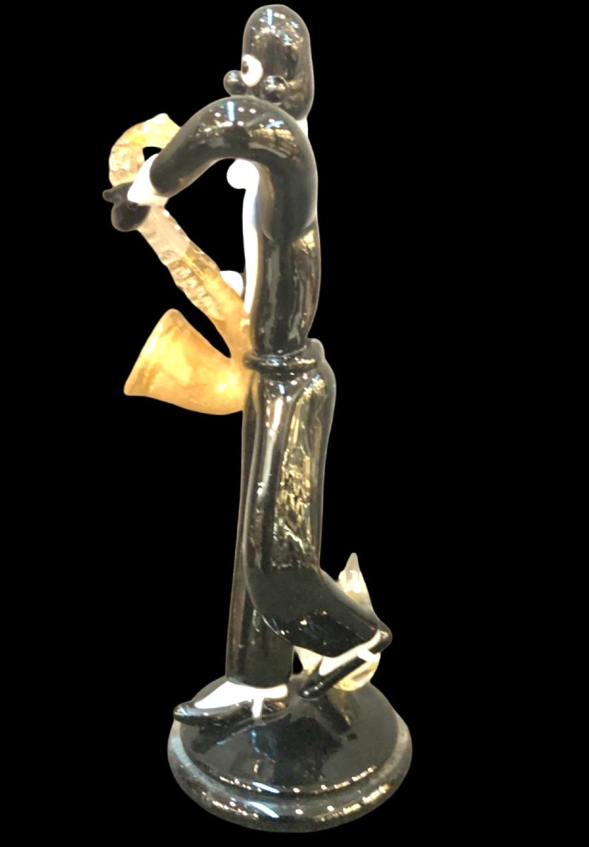 Figura di musicista jazz in vetro nero pesante .Seguso,Murano.-photo-2