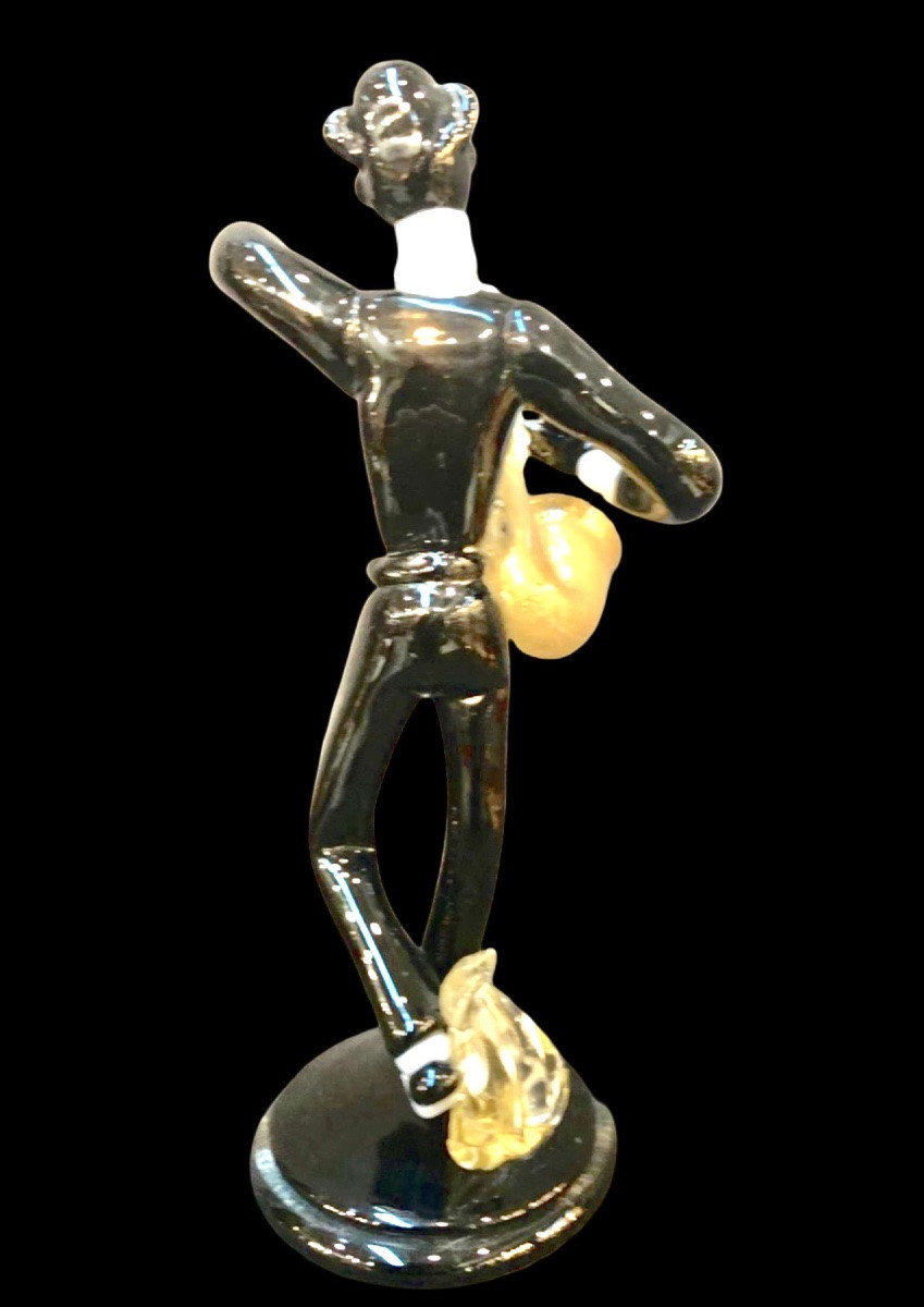 Figura di musicista jazz in vetro nero pesante .Seguso,Murano.-photo-3