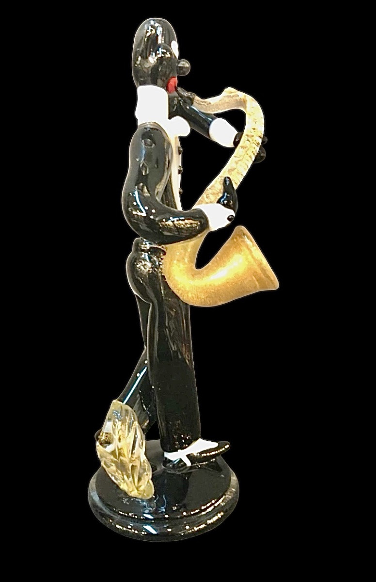 Figura di musicista jazz in vetro nero pesante .Seguso,Murano.-photo-1