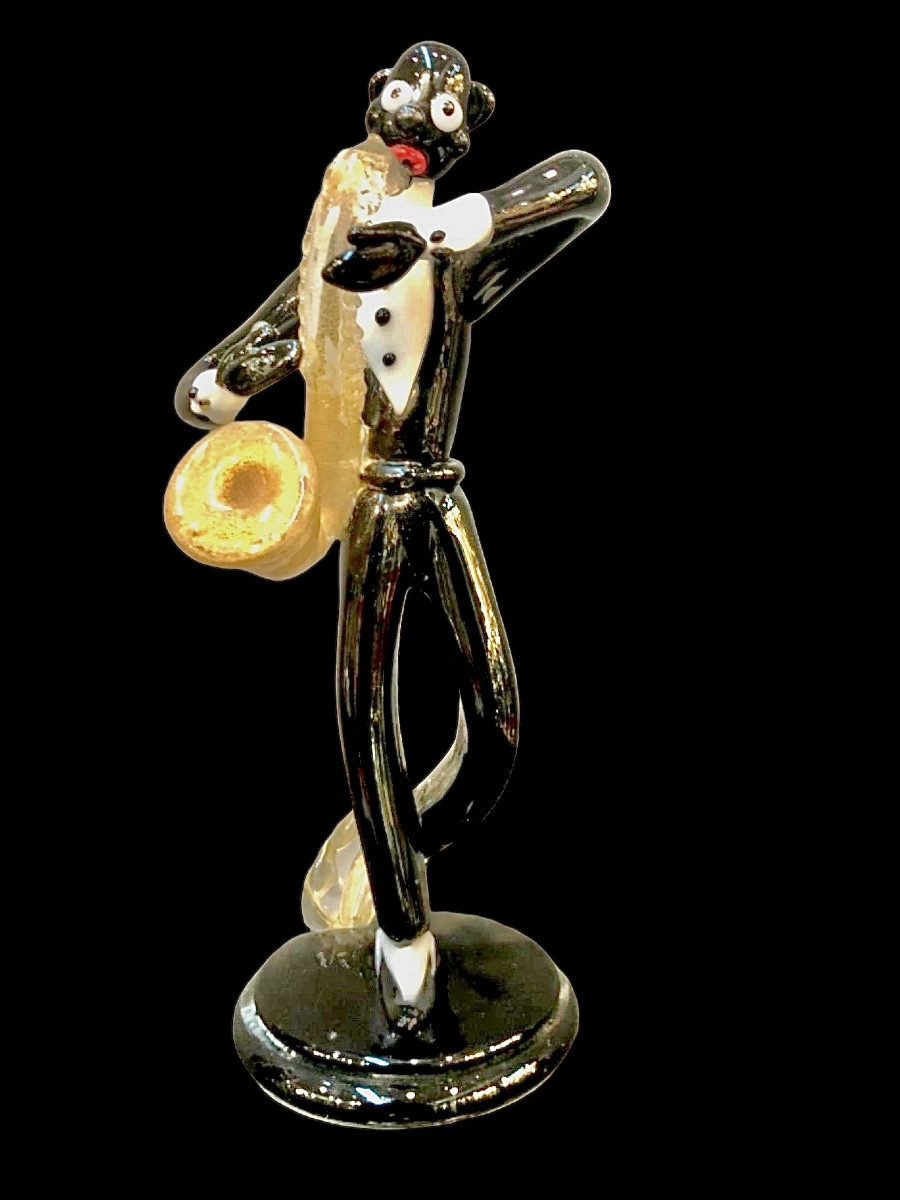 Figura di musicista jazz in vetro nero pesante .Seguso,Murano.