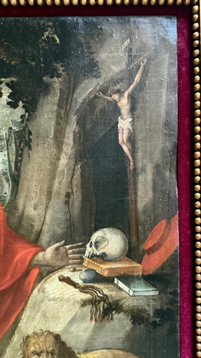 Dipinto olio su tela raffigurante San Girolamo penitente.-photo-3