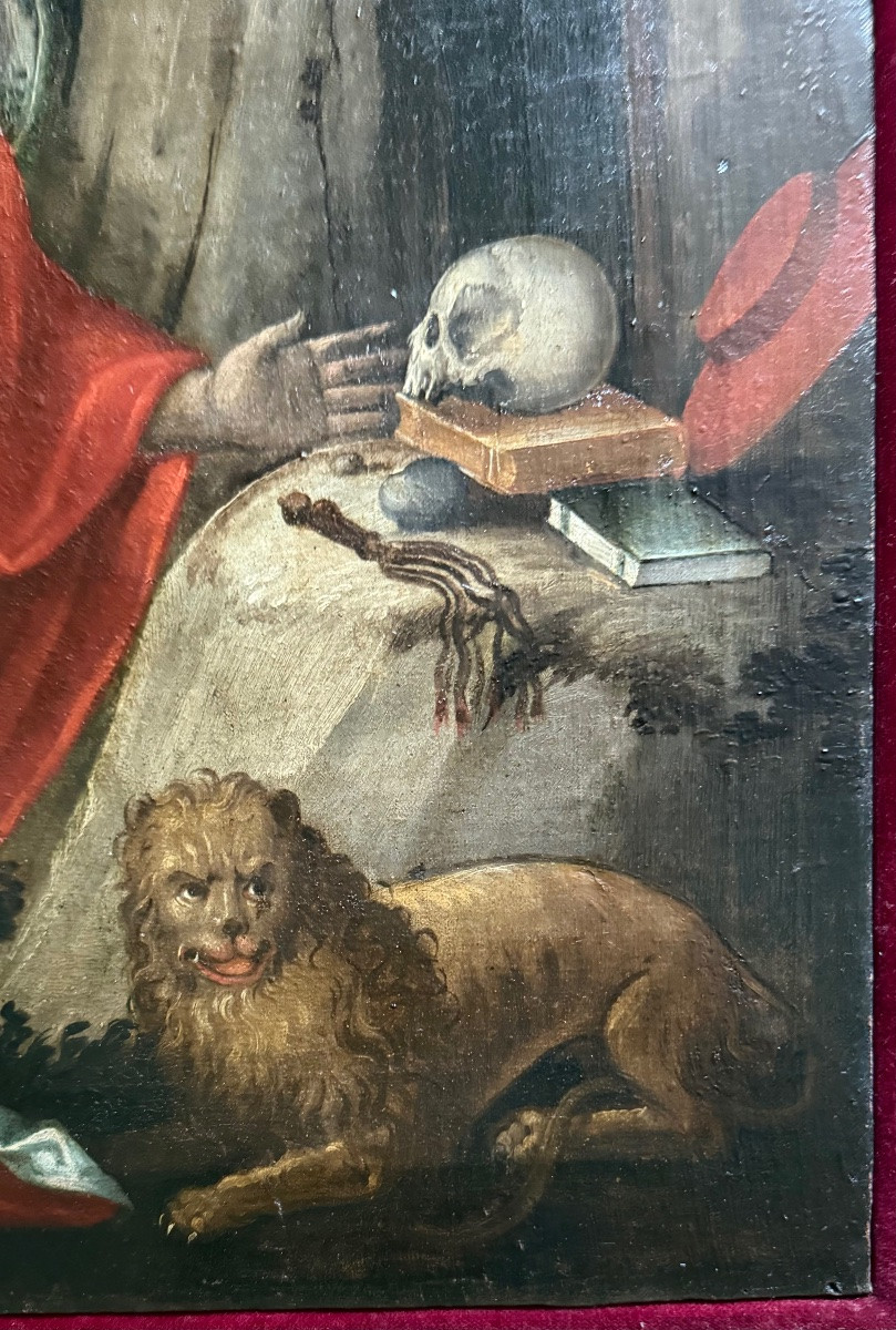 Dipinto olio su tela raffigurante San Girolamo penitente.-photo-4