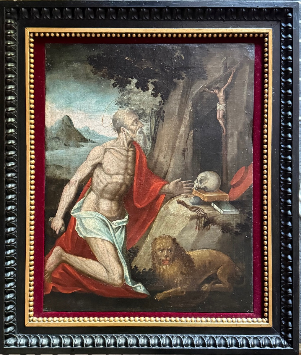 Dipinto olio su tela raffigurante San Girolamo penitente.