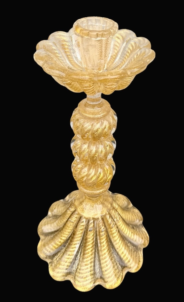 Candeliere in vetro pesante ‘cordonato oro’ con base e coppa baccellata .Barovier & Toso.-photo-2