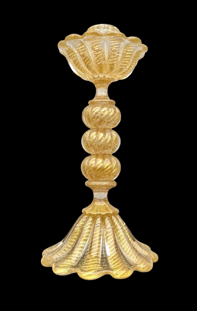 Candeliere in vetro pesante ‘cordonato oro’ con base e coppa baccellata .Barovier & Toso.-photo-3