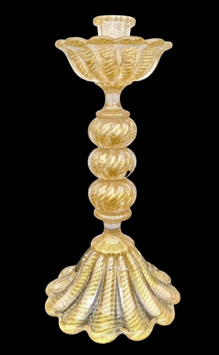 Candeliere in vetro pesante ‘cordonato oro’ con base e coppa baccellata .Barovier & Toso.