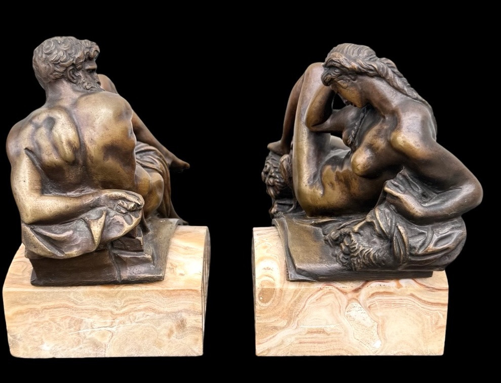 Coppia di fermalibri in bronzo,raffiguranti : Aurora e Crepuscolo  -photo-4