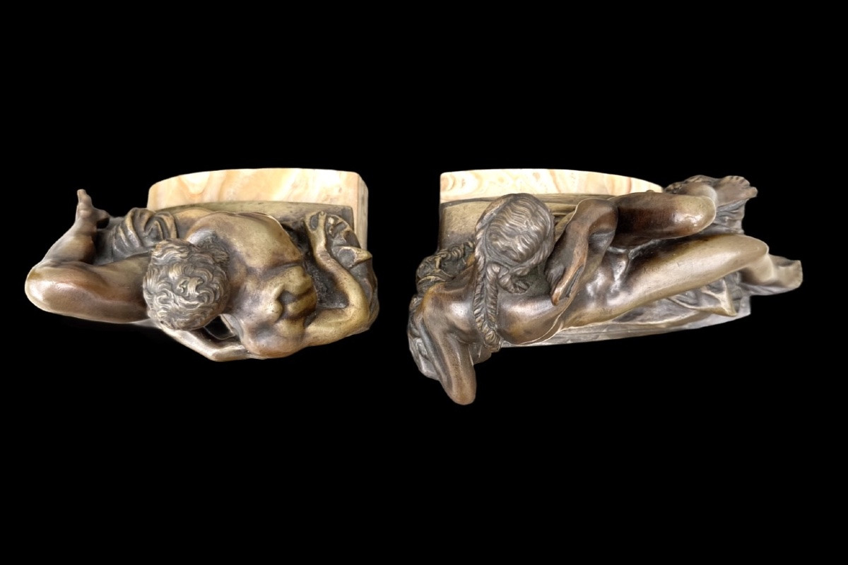 Coppia di fermalibri in bronzo,raffiguranti : Aurora e Crepuscolo  -photo-3