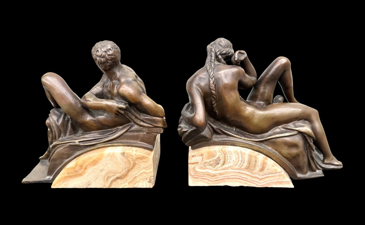 Coppia di fermalibri in bronzo,raffiguranti : Aurora e Crepuscolo  -photo-7