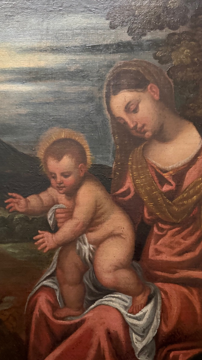 Dipinto olio su tela raffigurante Sacra Famiglia con San Giovannino.-photo-2