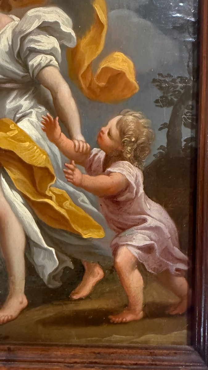 Dipinto olio su tela raffigurante Angelo custode con bimbo. (reintelato)-photo-2