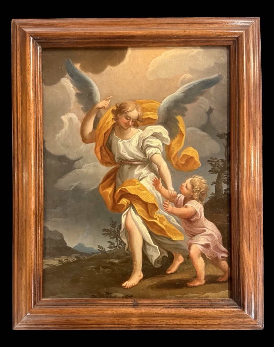 Dipinto olio su tela raffigurante Angelo custode con bimbo. (reintelato)