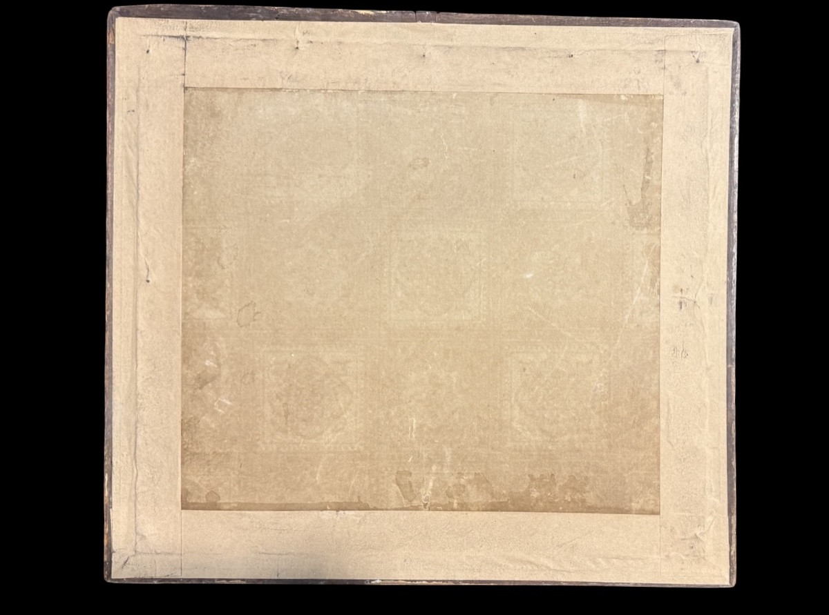 Pannello incorniciato con vaso di fiori ricamato su stoffa.-photo-2