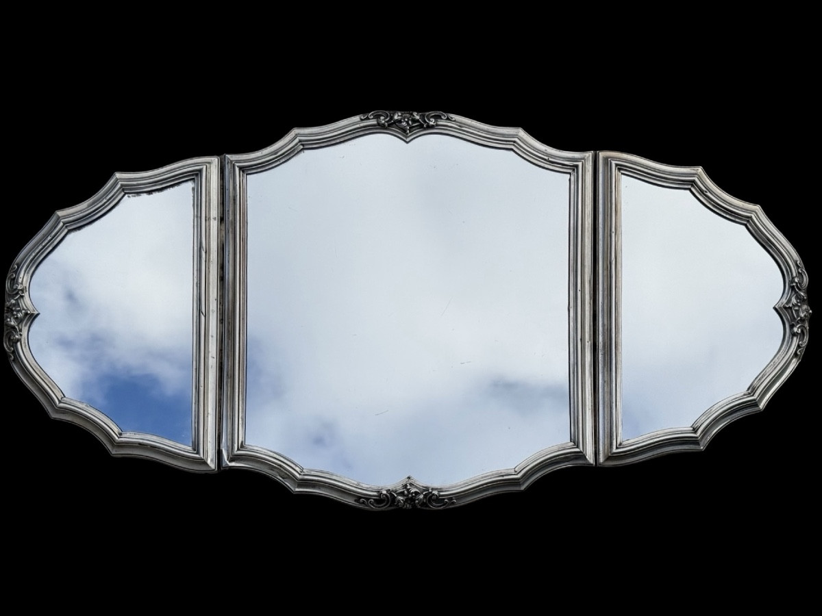 Vassoio  in argento con piano specchio composto da tre elementi affiancati 