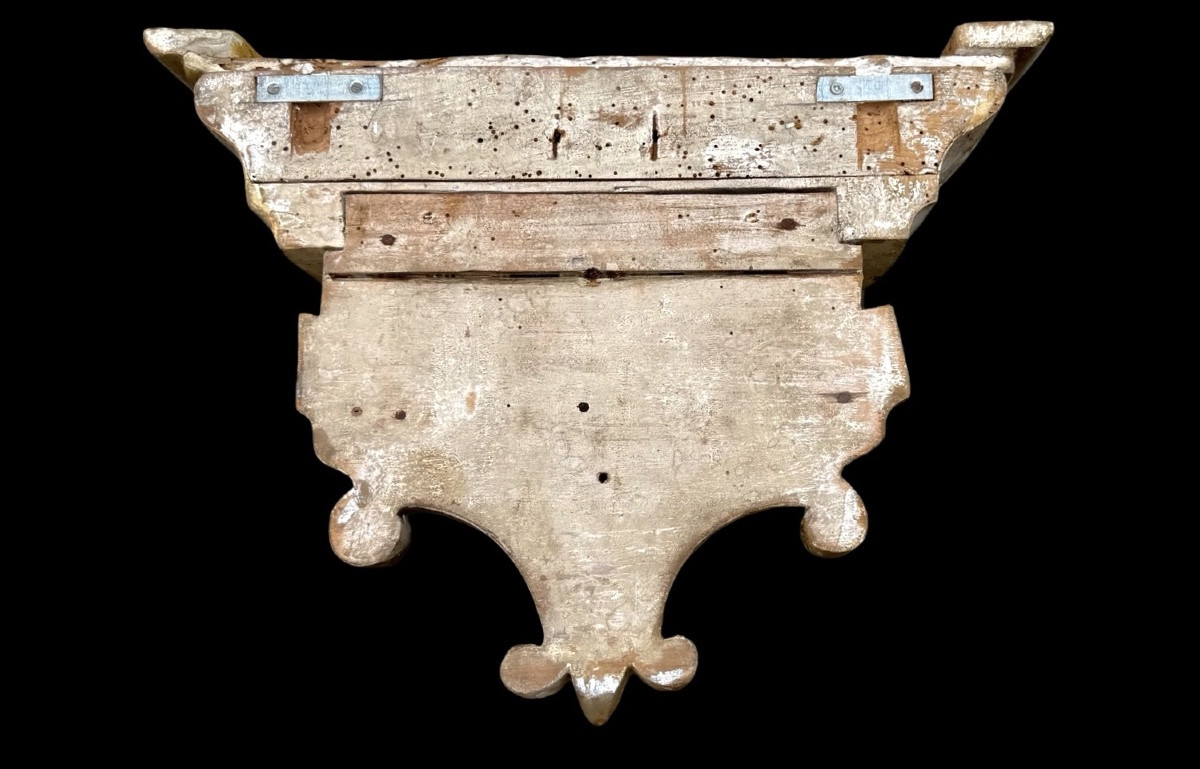 Mensola applique in legno intagliato con doratura a mecca e piano in marmo,-photo-2
