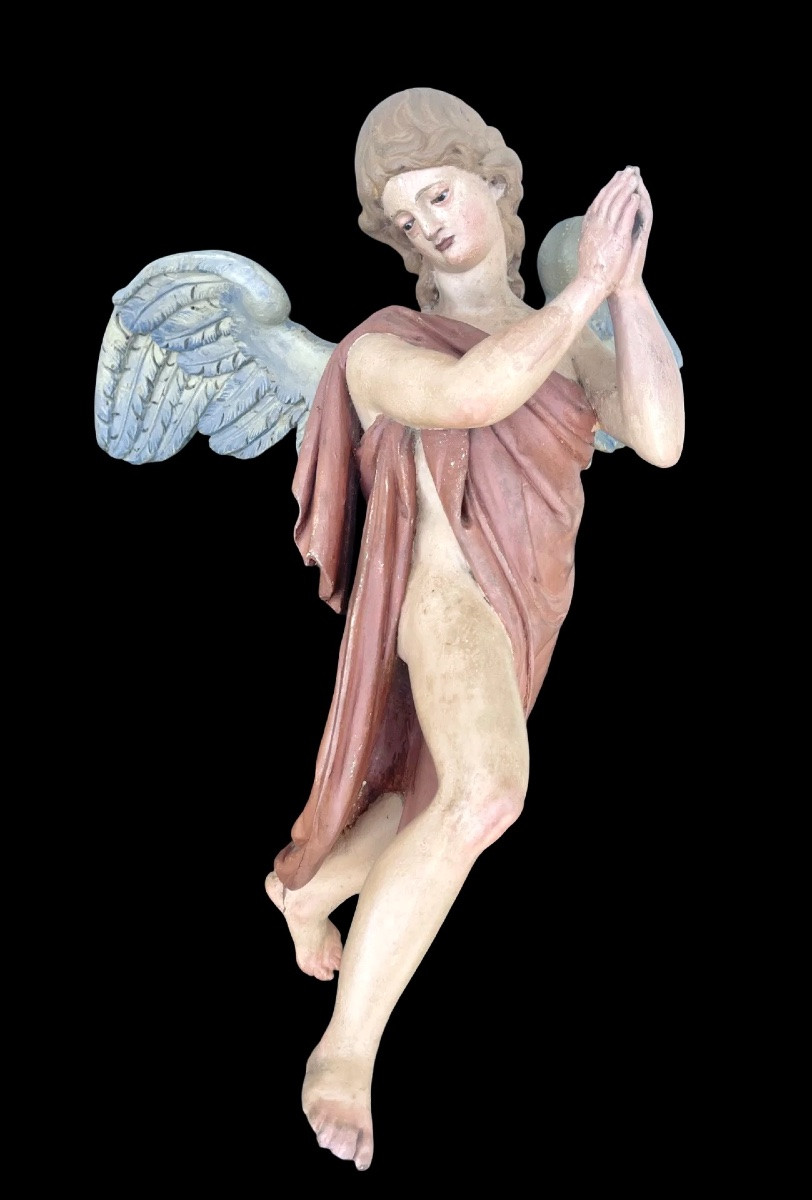 Coppia di angeli policromi a figura intera in legno scolpito e dipinto.-photo-2