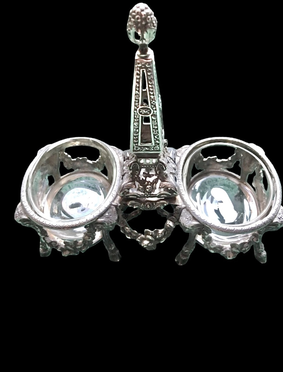 Saliera doppia in argento massiccio con vaschette in vetro. -photo-2