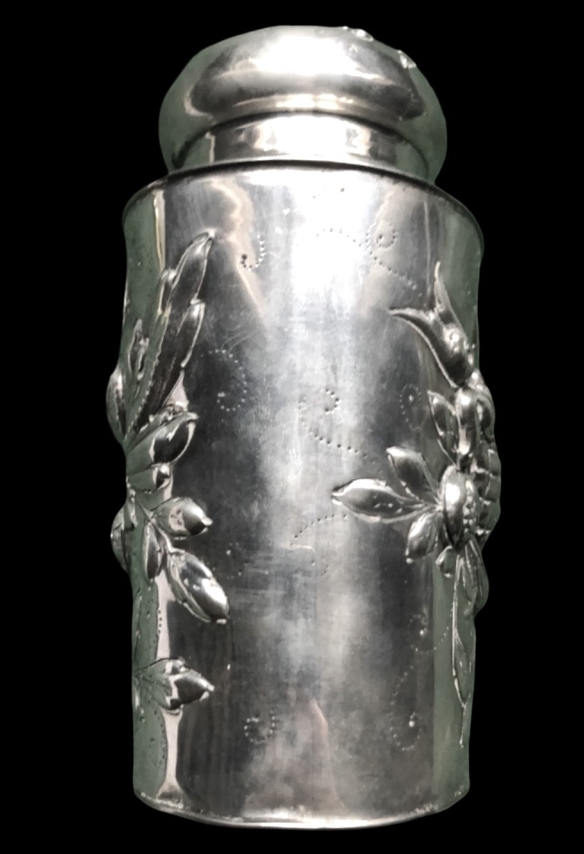 Scatola porta-the’ in argento sbalzato con decoro alla frutta.Germania.-photo-3