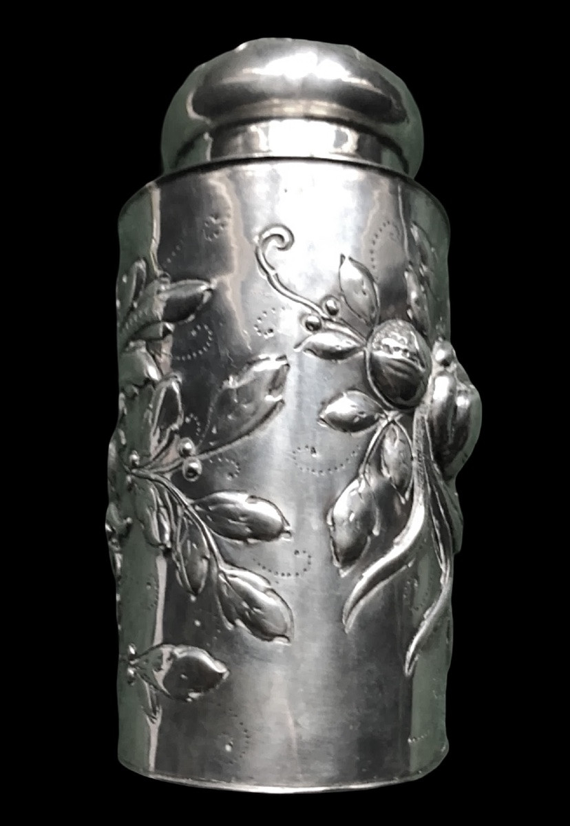 Scatola porta-the’ in argento sbalzato con decoro alla frutta.Germania.-photo-4