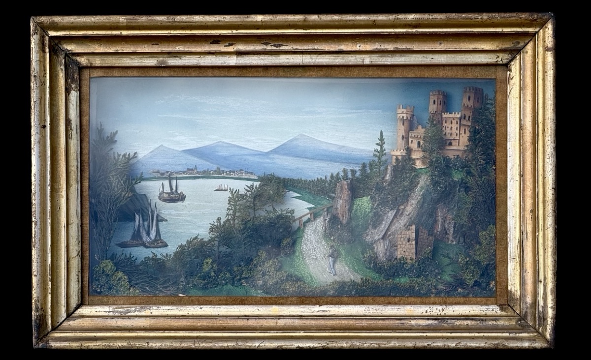 Quadro prospettico - diorama tridimensionale entro cornice con vetro protettivo 