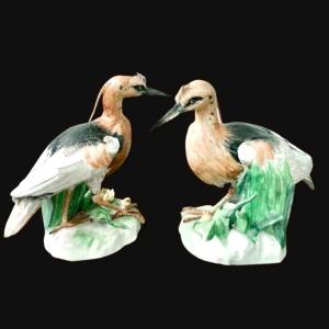 Coppia di uccelli aironi in porcellana policroma.Manifattura Samson,Francia.